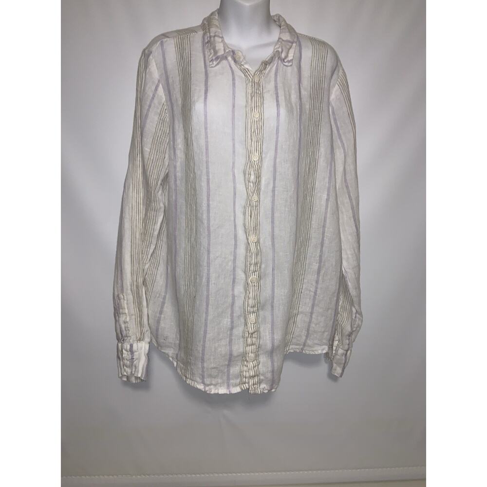 CP Shades Striped Linen Long Sleeve Button Up Shirt Womens Large White Coastal